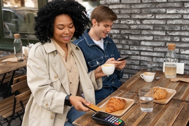 A person sitting at a cafe table, about to pay for a coffee using an airline-branded credit card via a mobile payment system. The screen shows the miles being added to their account in real-time. The background is blurred, emphasizing the ease and convenience of earning miles with everyday purchases.