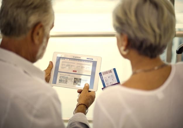 A family is depicted using a tablet to manage their airline miles pooling account. The tablet screen shows a user-friendly interface with options to add family members and track combined miles.