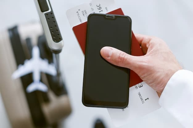 A close-up of a smartphone screen displaying an airline loyalty program app, showing a high mileage balance and various redemption options like flights, upgrades, and partner rewards. The background is blurred, suggesting a traveler in an airport lounge.