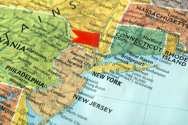 A detailed map of the Eastern United States highlighting key historical locations such as Philadelphia, Boston, and Washington D.C., with red pushpins marking each destination.