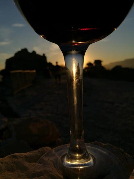 A close-up shot of a wine glass being filled with a rich, ruby-red wine at sunset. The vineyard stretches out in the background, with golden light casting long shadows across the rows of grapevines.