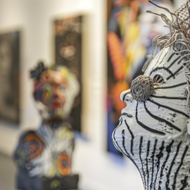 A vibrant display of contemporary Native American art in a gallery, featuring various paintings, sculptures, and pottery, with visitors admiring the artwork.