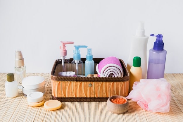 A collection of travel-sized toiletries arranged neatly on a bathroom counter. There are small bottles of shampoo, conditioner, lotion, and a travel toothbrush and toothpaste. A clear quart-sized bag sits nearby, partially filled with some of the items, compliant with TSA guidelines.