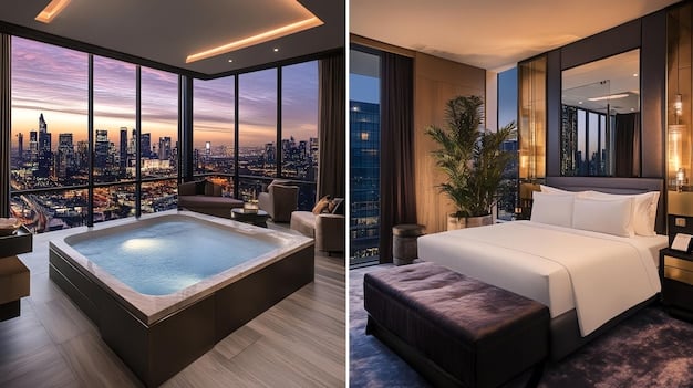 A split image showing a luxurious hotel room on one side and a cozy vacation rental apartment on the other, highlighting the diverse accommodation options available to travelers.