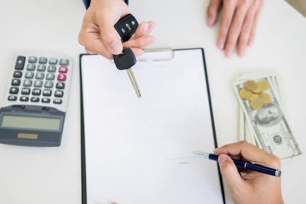 Hands holding car keys beside a rental agreement on the hood of a rental car, with a close-up focus on the agreement highlighting the insurance options.
