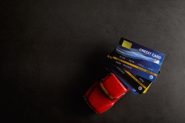 A credit card hovering above a rental car's dashboard, symbolizing the use of credit card benefits for rental car insurance.