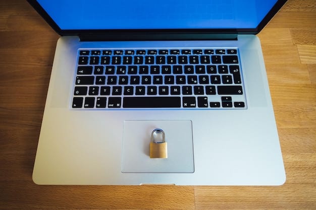 A close-up of a laptop screen displaying a security alert with a lock icon, conveying the importance of cybersecurity while traveling and protecting personal data from online threats.