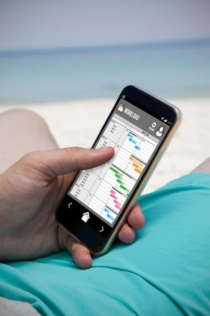 A person using a smartphone to compare prices of vacation packages online. The screen shows various options for hotels, flights, and activities, with prices highlighted.