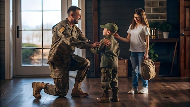 A family, including a military father in uniform, laughing and pointing at a map in an airport, with suitcases at their feet. The atmosphere is cheerful and depicts a family adventure.
