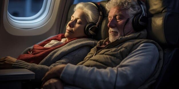 A modern airplane interior with comfortable seats. A senior couple is sitting by the window, enjoying the view and holding hands. This image showcases the comfort and enjoyment of air travel for seniors.