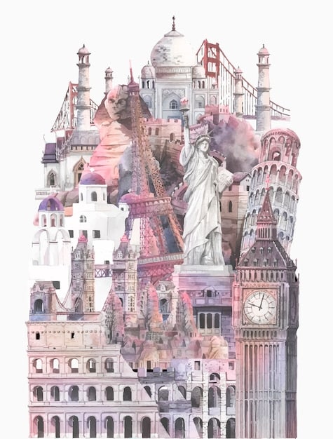 A collage of iconic landmarks from various cities around the world, including the Eiffel Tower, the Great Wall of China, the Colosseum, and the Statue of Liberty, symbolizing diverse travel destinations.