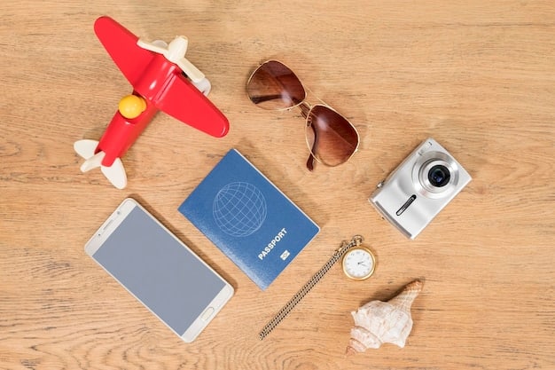 A close-up of various travel documents (passport, boarding pass, insurance policy) neatly arranged on a wooden table, with a pair of sunglasses and a miniature globe in the background.