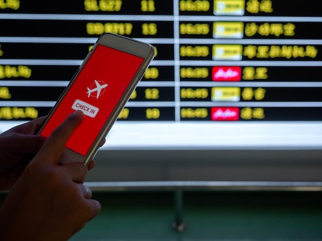 A mobile phone displaying a price drop alert for a flight, highlighting the reduction in fare from the original price. The background shows a blurred image of a traveler in an airport, adding context to the scenario.