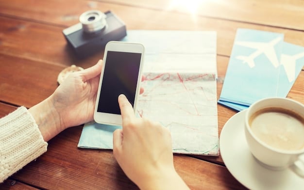 A close-up shot of a person's hands holding a smartphone, with a travel booking app open on the screen. The app displays various flight and hotel options, emphasizing the ease of finding deals on mobile devices.