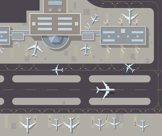 An aerial view of a bustling airport terminal with planes taking off and landing, symbolizing the excitement and anticipation of travel. The scene is bright and full of activity, conveying the energy of air travel.