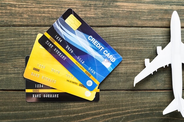 A close-up of various credit cards with airline logos, arranged on a background that resembles a world map, emphasizing global travel benefits. Text overlay highlighting 