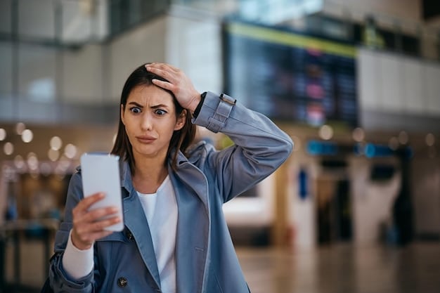 A frustrated traveler at an airport check-in counter, looking at their phone with a confused expression. The check-in agent is pointing at a screen with flight details. The scene portrays the moment a passenger realizes their frequent flyer number wasn't properly recorded, leading to potentially missing miles. The airline logo is subtly visible in the background.