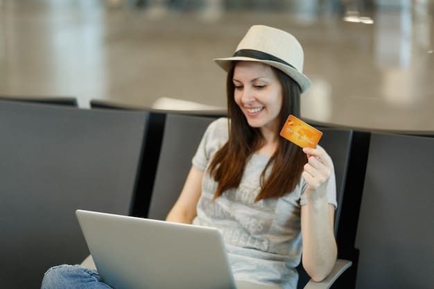 A person holding a credit card in front of a laptop showing an airline shopping portal. The focus is on the credit card and the portal's interface, which displays retailers and bonus mile offers. 'Airline Miles Shopping Portals: Earn Bonus Miles on Online Purchases in January 2025' faintly highlighted on the laptop screen.