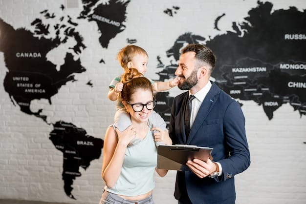 A family looking at a world map, discussing travel destinations. Surrounding them are printed airline tickets and brochures, symbolizing travel planning facilitated by airline miles. Reflects information found in 'The Complete Guide to Airline Miles Transfers'.