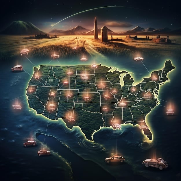 A map of the United States with a highlighted route showing a possible cross-country route, starting on the East Coast and ending on the West Coast. Major cities and landmarks along the route are marked with pins, indicating potential stops and attractions. A compass Rose is included in the frame.