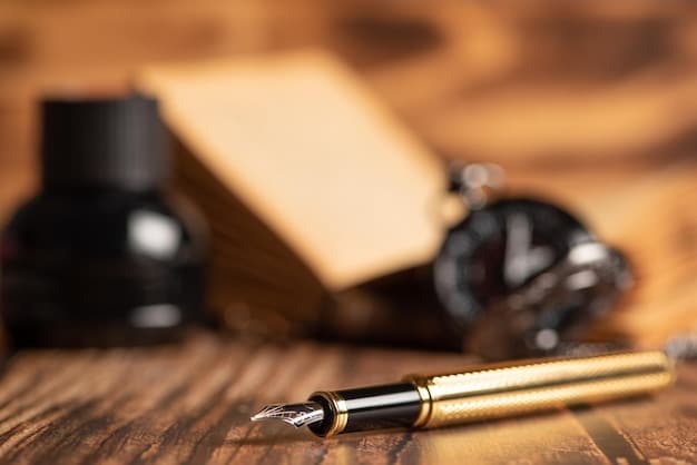 A detailed photograph of a quill pen and inkwell on a wooden desk, with a backdrop of historical documents and parchment paper. The scene evokes the atmosphere of early American history, symbolizing the signing of important declarations.