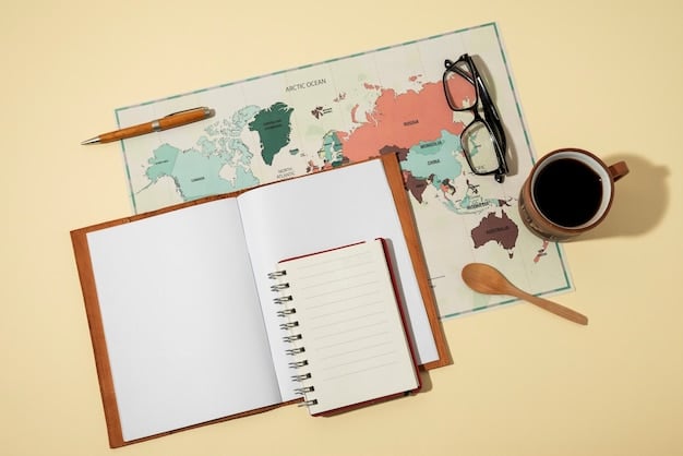 A close-up shot of a travel journal and a map of the United States laid out on a wooden table. A pen rests on the journal, and the map is marked with several destinations. The scene is lit with warm light, suggesting a cozy and thoughtful travel planning session related to How to Build a Personalized US Travel Itinerary.