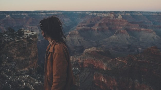 A panoramic view of a person standing on the edge of the Grand Canyon at sunset. The sky is ablaze with colors, and the canyon is bathed in golden light. The person is silhouetted, creating a sense of awe and wonder related to How to Build a Personalized US Travel Itinerary.