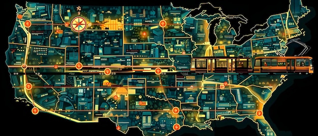 A detailed map of a hypothetical US city highlighting key points of interest for a 3-day visit, including landmarks, museums, local eateries, and transportation routes. The map serves as a visual aid for planning and navigating a 