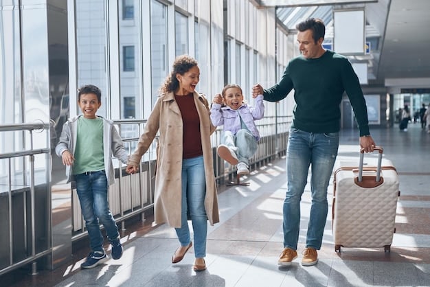 A family cheerfully navigating a bustling airport terminal, pulling suitcases and laughing together as they look at departure screens. The scene is filled with natural light and a sense of excitement and anticipation. This warm image relates to Planning a US Family Vacation? Here's a Customizable 10-Day Itinerary emphasizing the adventure of traveling with family and the careful planning required for a smooth journey.