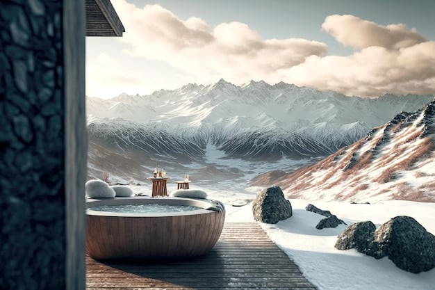 A luxurious spa scene with a hot tub overlooking snow-covered mountains. Soft lighting, plush towels, and serene music create a relaxing atmosphere for guests enjoying 'The Ultimate US Winter Getaway: A 7-Day Ski Trip Itinerary'.