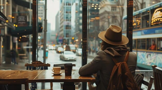 An image depicting a cozy coffee shop in a city with a solo traveler sitting at a table, working on a laptop. The scene captures the ambiance of taking a break and enjoying the moment while planning the itinerary.