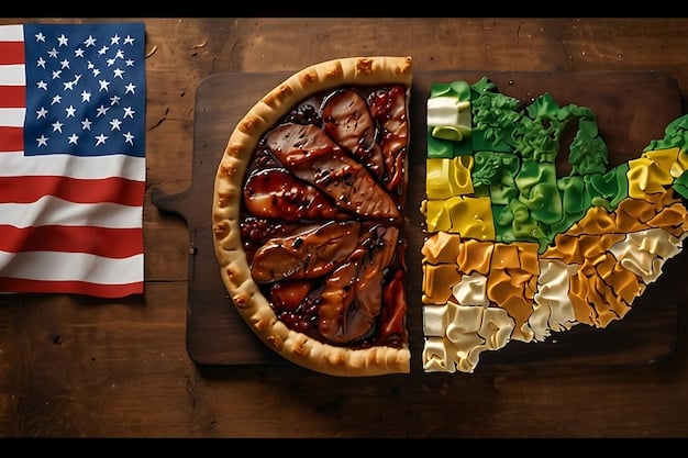 A collage of four distinct American food icons: a New York-style pizza slice, a steaming bowl of New England clam chowder, a plate of Texas-style BBQ ribs and Memphis BBQ ribs. All representative of different legs of 