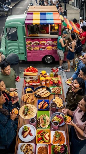 A busy food truck park in Austin, Texas, showcasing a variety of cuisines and a lively atmosphere. Make sure to include the slogan 