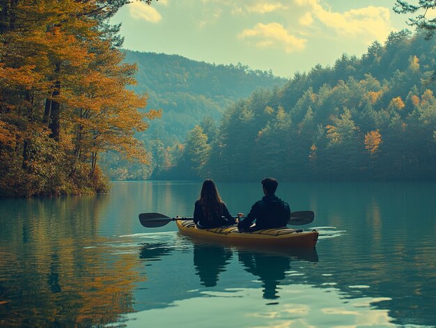 A serene image of a couple kayaking on a calm, crystal-clear lake in Montana, surrounded by towering mountains and lush forests, reflecting the trend of nature-based travel and seeking unique outdoor experiences. The image emphasizes the beauty and tranquility of the American landscape.