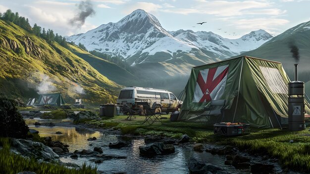A picturesque campsite in Glacier National Park, with a tent set up amidst lush greenery and a stunning mountain backdrop. The setting illustrates the benefits of securing campground reservations in advance for prime locations.