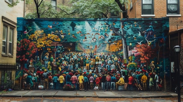 A vibrant street scene in downtown Asheville, North Carolina, showing colorful murals, street performers, and eclectic shops. The photo captures the city's lively arts scene and unique character, relevant to the theme of discovering hidden gems in the US through the 7-day itinerary.