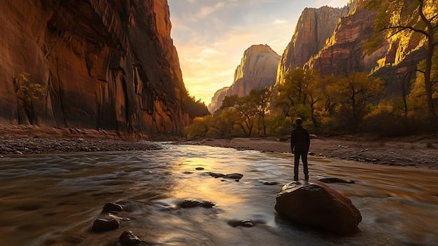 A hiker standing at a scenic overlook in Zion National Park, gazing at the vast canyon with a clear river winding through, embodying discovery and scale.