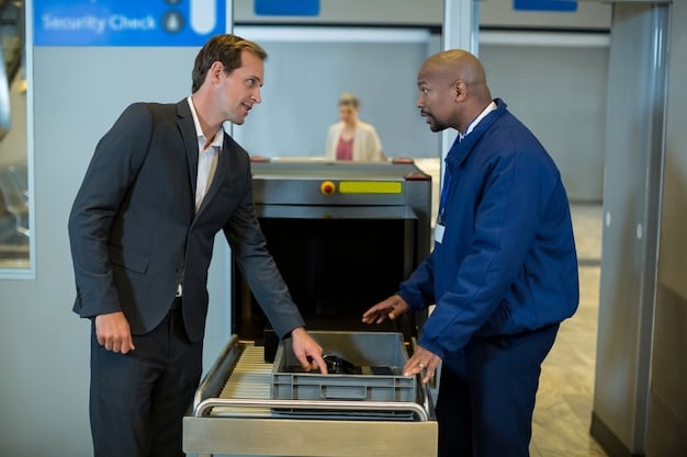 A TSA agent assisting a traveler at a TSA PreCheck security checkpoint, demonstrating a smooth and efficient process. The focus is on the minimal interaction and quick transit through security. Highlighting how to 