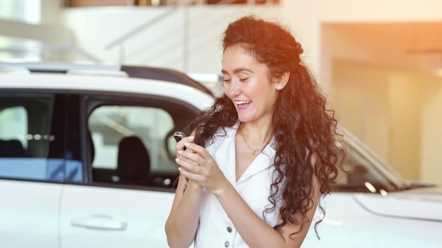 A person smiling and confidently using a smartphone to compare car rental prices on a comparison website. The screen shows a variety of car rental deals, with some highlighted for savings. The setting is a bright and modern airport waiting area.