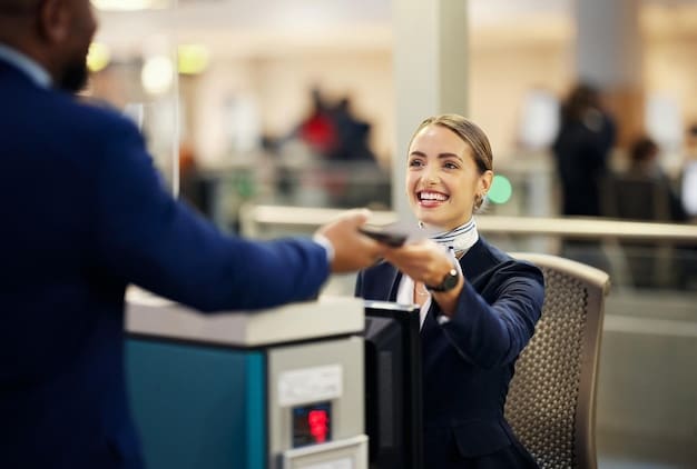 A person using a credit card to enter an airport lounge, with a lounge employee smiling and welcoming them. The scene is warm and inviting, representing a smooth and easy access process. Focus on how cards make possible free airport lounge access: the credit card perks you're probably not using.
