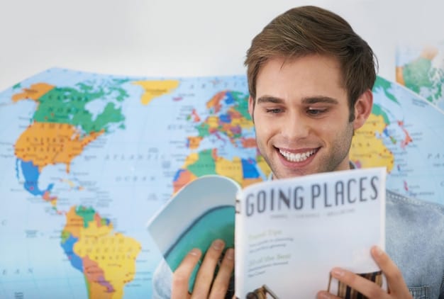 A person smiling and pointing at a world map with pins marking various travel destinations. The person is holding a credit card and a smartphone, suggesting they are planning their travel using rewards and apps. The image conveys the excitement and planning involved in travel hacking.
