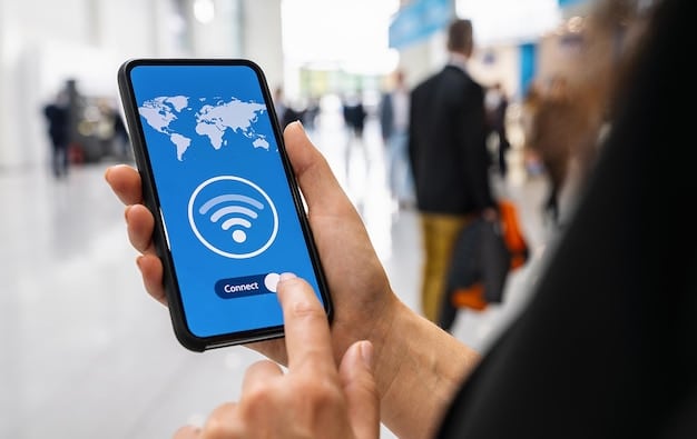 A smartphone displaying a Wi-Fi password sharing app, with a list of nearby airport Wi-Fi networks and their corresponding passwords. The app interface is clean and user-friendly.