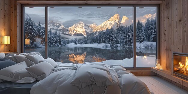 A cozy hotel room with a view of a snow-covered mountain range. The room is warmly lit and inviting, with a comfortable-looking bed and a large window showcasing the scenic landscape. This depicts the affordable luxury that can be enjoyed when traveling during the off-peak season.