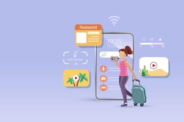 A digital illustration showing a smartphone displaying various travel apps. Icons for flight booking, hotel reservations, and car rentals are emphasized, with a notification bubble indicating 'Last-Minute Deals Available'. The background is minimalistic with a world map outline, symbolizing global travel opportunities.