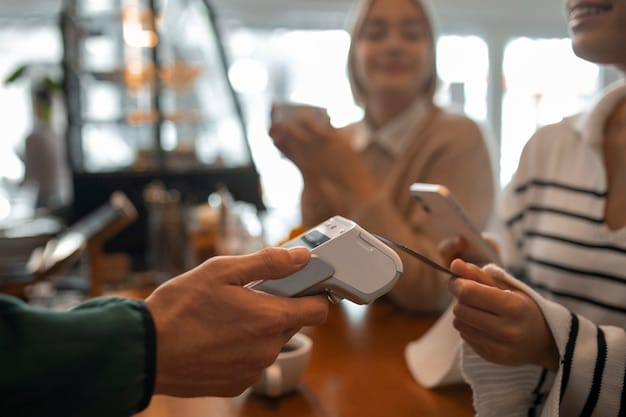 A close-up shot of a credit card being swiped through a payment terminal, with blurred background figures at a checkout counter, symbolizing everyday spending.