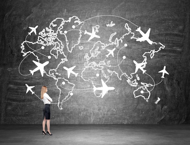 A world map with various flight routes highlighted, some with lower prices indicated, symbolizing flexible travel options.