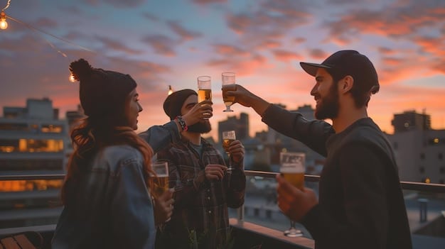 A group of friends laughing and toasting drinks at a rooftop bar overlooking a city skyline at night.