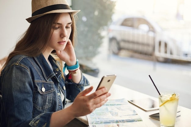 A traveler using a smartphone to compare prices on flight booking websites, looking focused and determined to find the best deal.
