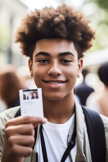 A close-up of an ISIC (International Student Identity Card). The card displays the student's photo, name, and expiration date, along with the ISIC logo. The background is blurred, focusing attention on the details of the card.