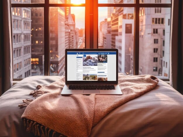 A hotel room with a neatly made bed, a desk with a laptop displaying a military travel discount website, and a window overlooking a city skyline.